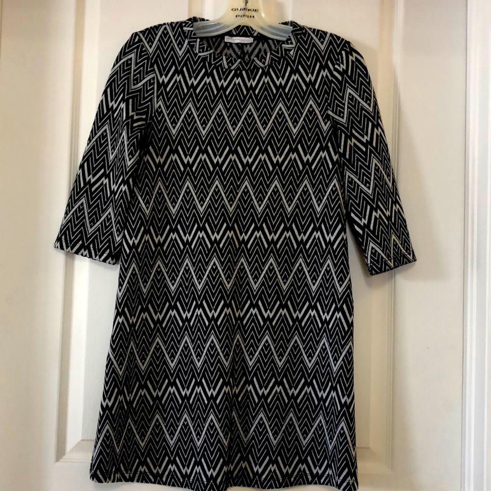 ZARA Gorgeous, Chevron 3/4 Sleeve Dress Black/White/Grey 70’s Style Be That Girl